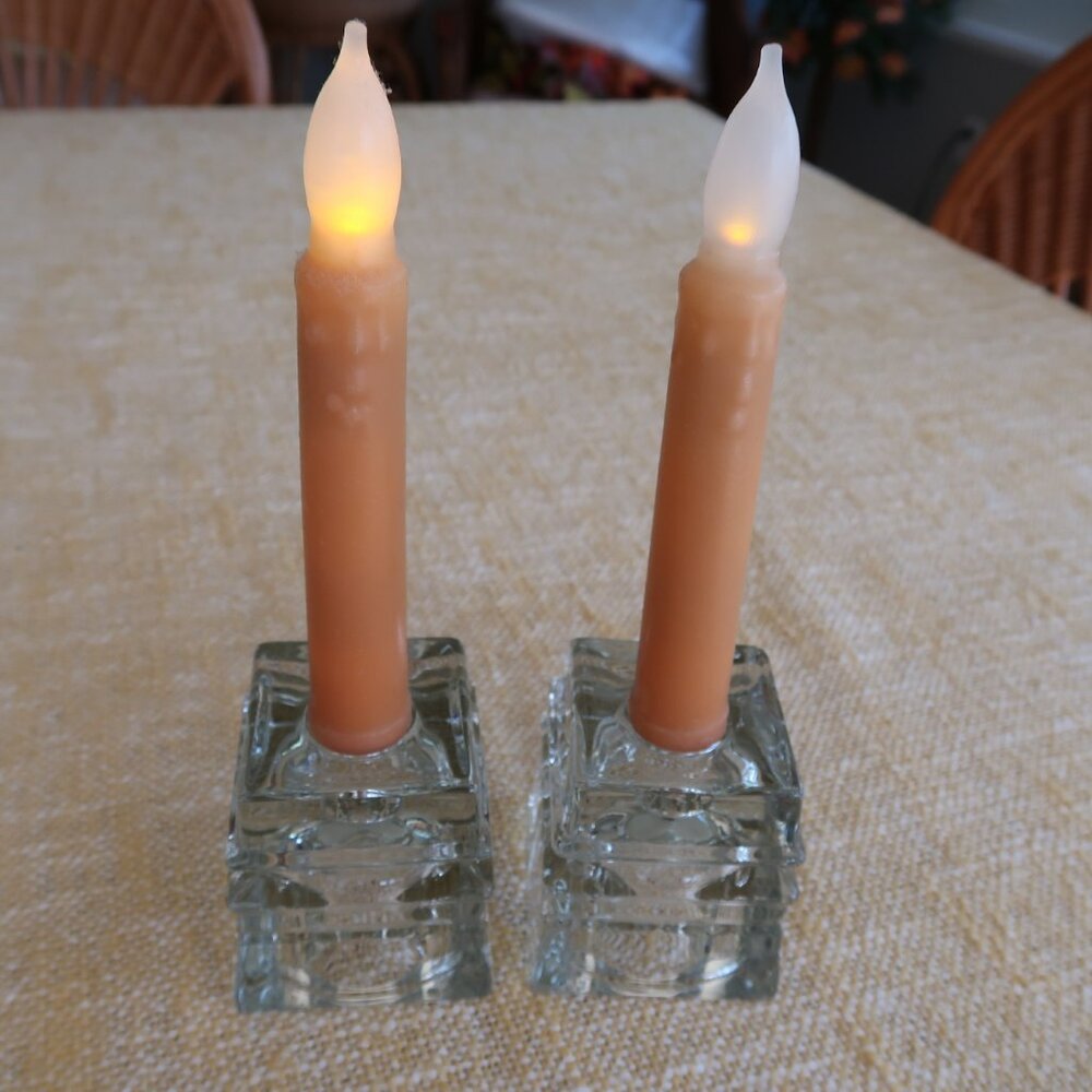 Vintage Avon Clear Glass Square Candlestick Holders Pair